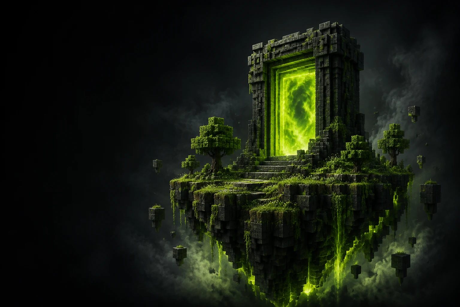 A moss-covered stone portal on a floating island, lit from within by a green rift
